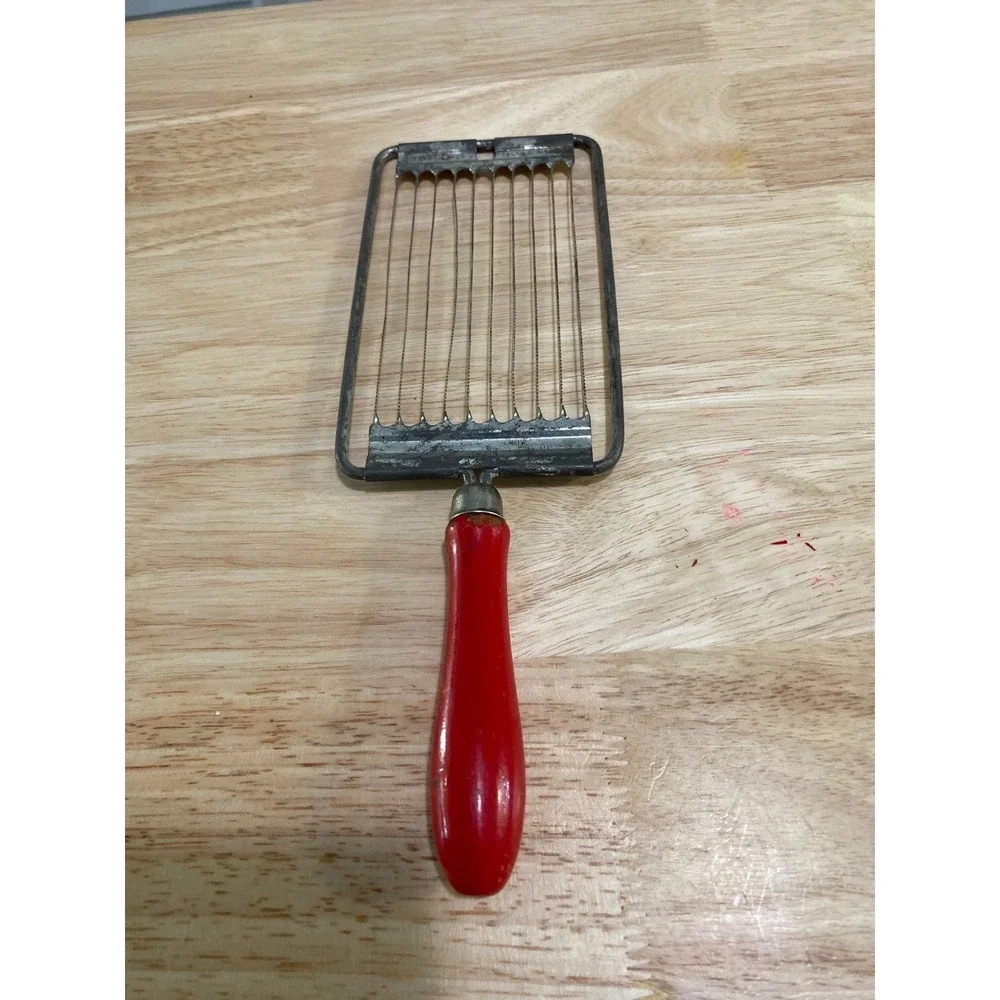 Vintage Wire Cheese Slicer Red Wood Handle Butter Cutter Kitchen Tool Mid Centur
